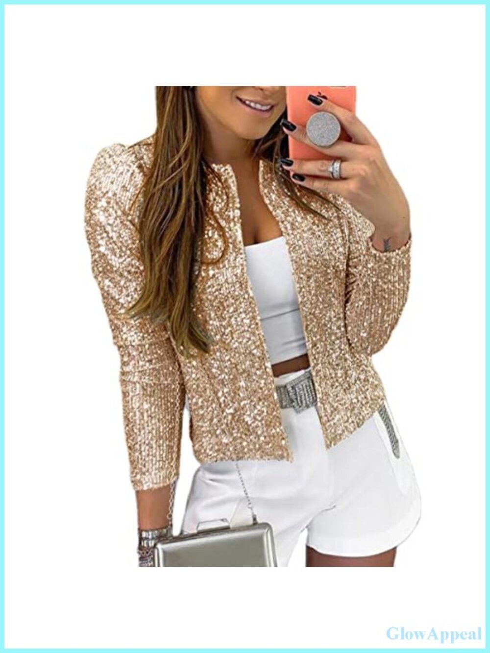 Sequin Open Front Long Sleeve Blazer Jacket Women Casual Coat
